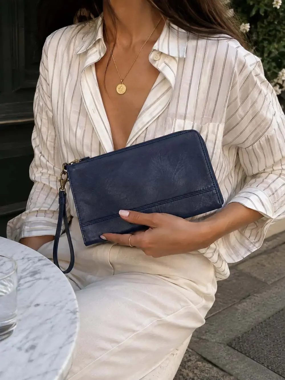 Joy Susan Navy Vegan Leather Wristlet Clutch Minimalist Everyday Bag